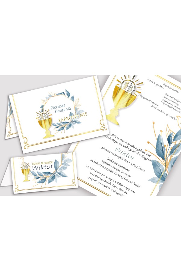 Personalisierte Einladungen und Vignetten zur Kommunion - Gold mit einem Hauch von Marineblau Personalisierte Einladungen und Vignetten zur Kommunion - Gold mit einem Hauch von Marineblau - obraz 1
