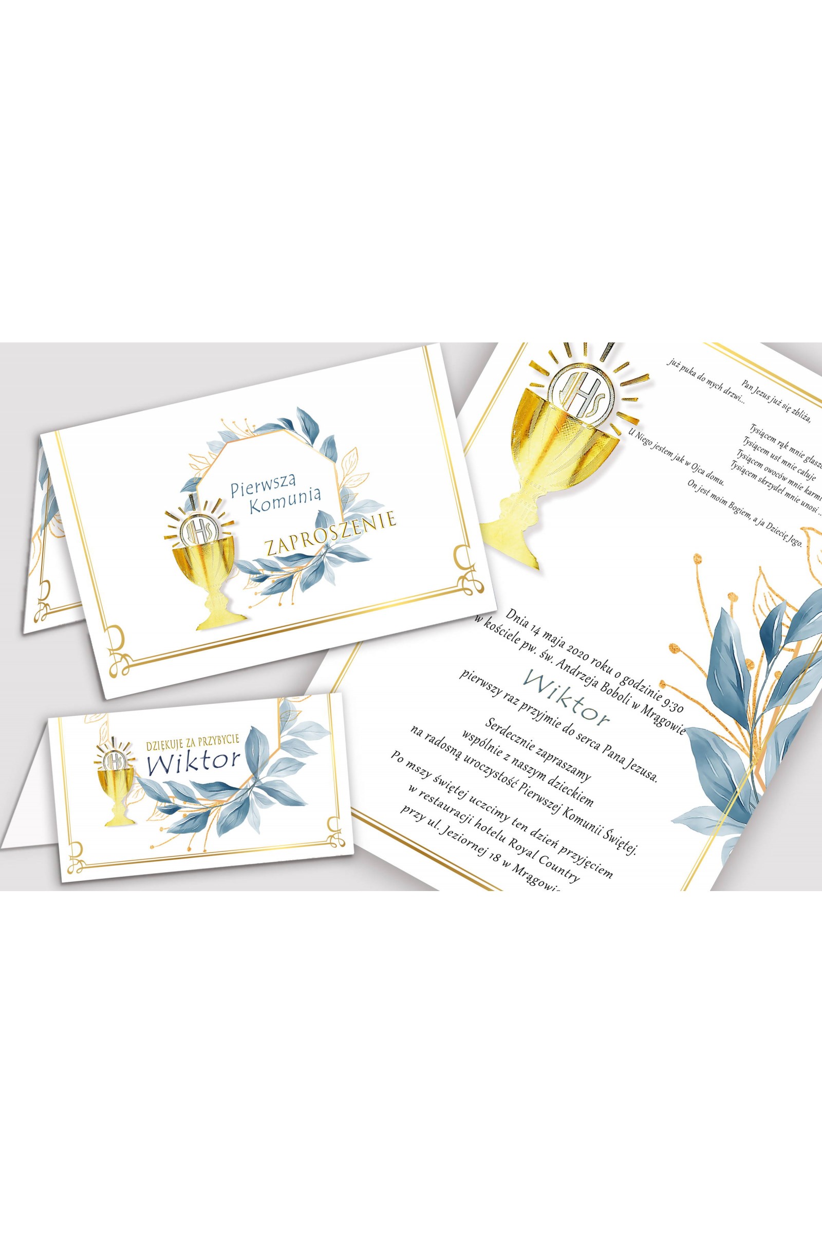 Personalisierte Einladungen und Vignetten zur Kommunion - Gold mit einem Hauch von Marineblau Personalisierte Einladungen und Vignetten zur Kommunion - Gold mit einem Hauch von Marineblau - obraz 1