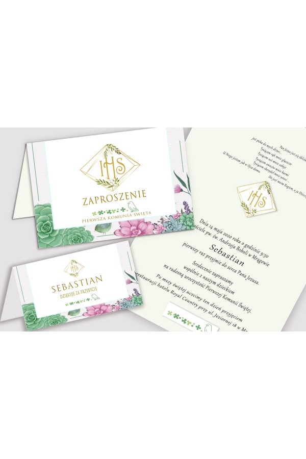 Personalisierte Einladungen und Vignetten zur Kommunion - Diamante mit Eukalyptus Personalisierte Einladungen und Vignetten zur Kommunion - Diamante mit Eukalyptus - obraz 1
