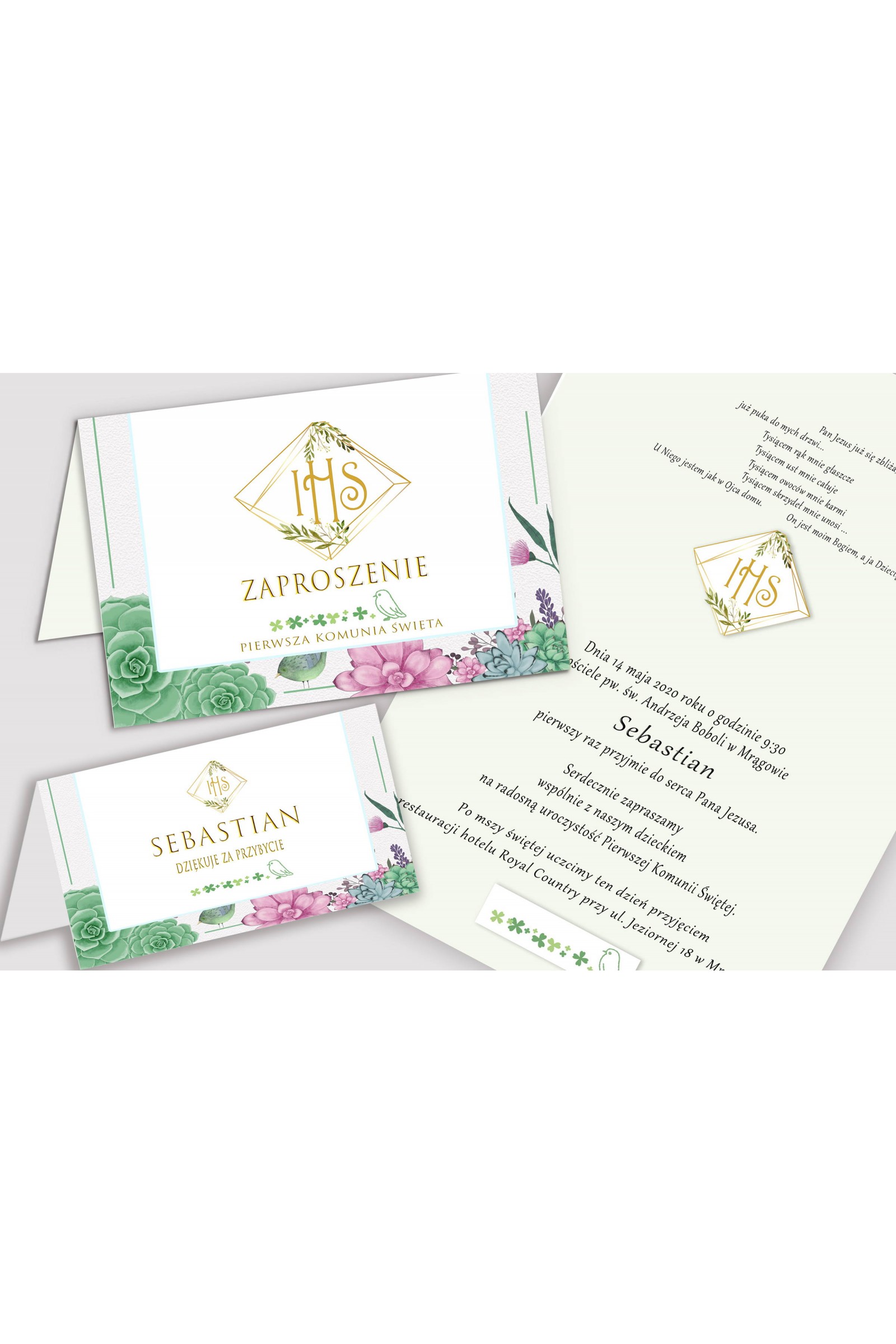 Personalisierte Einladungen und Vignetten zur Kommunion - Diamante mit Eukalyptus Personalisierte Einladungen und Vignetten zur Kommunion - Diamante mit Eukalyptus - obraz 1
