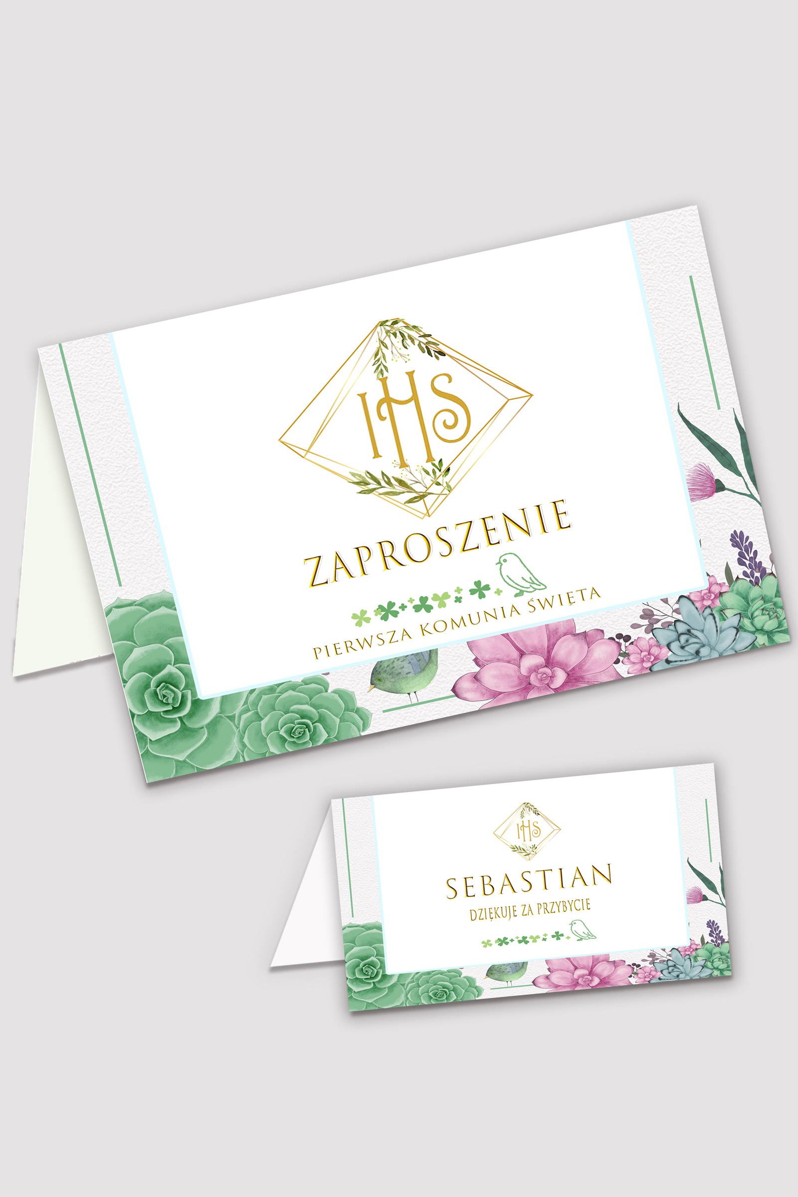 Personalisierte Einladungen und Vignetten zur Kommunion - Diamante mit Eukalyptus Personalisierte Einladungen und Vignetten zur Kommunion - Diamante mit Eukalyptus - obraz 0