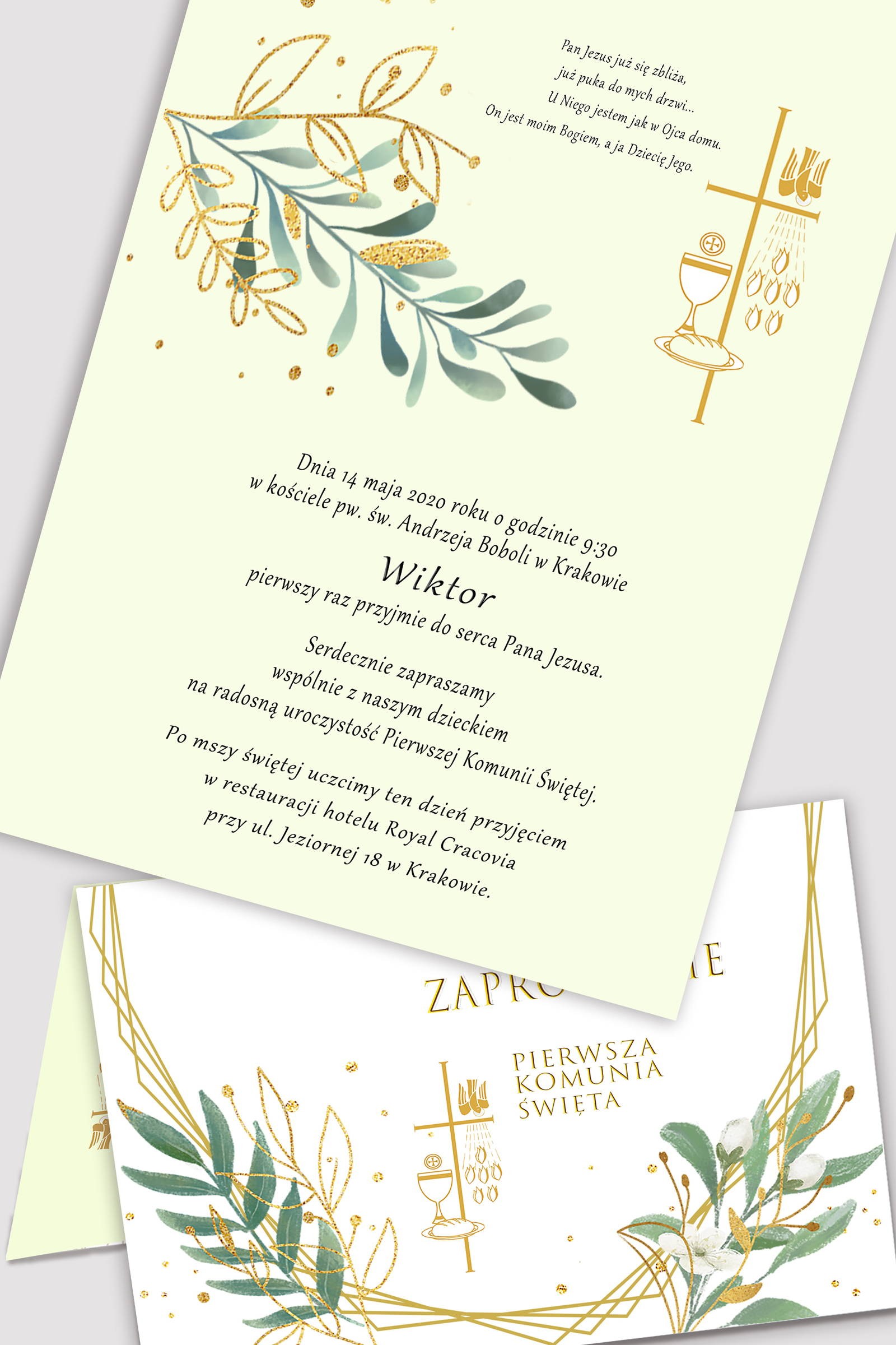 Personalisierte Kommunionseinladungen aus Bausätzen - Gold und Zweige - obraz 0