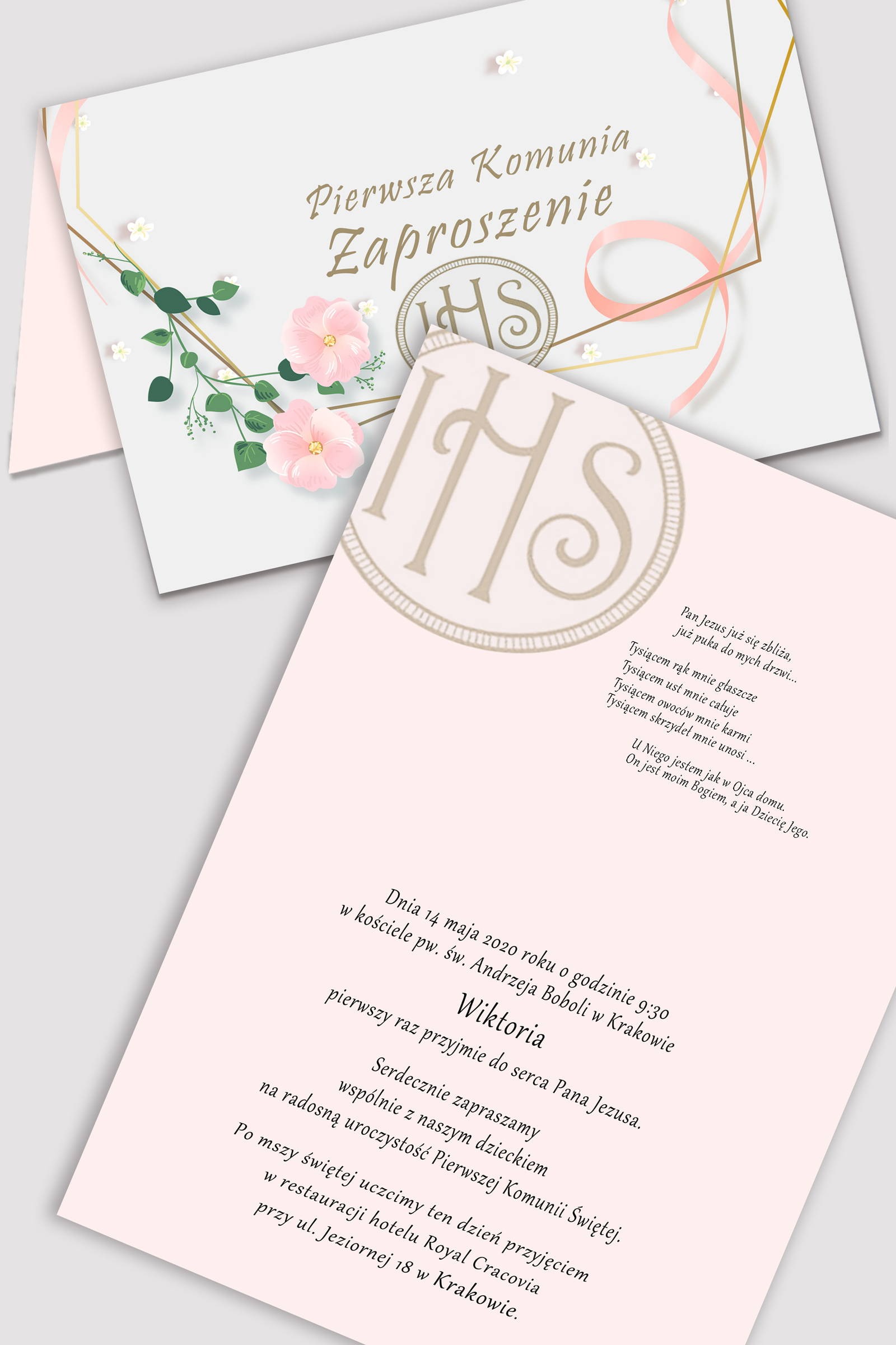 Personalisierte Kommunionseinladungen aus Bausätzen - Rosa Schleife - obraz 0