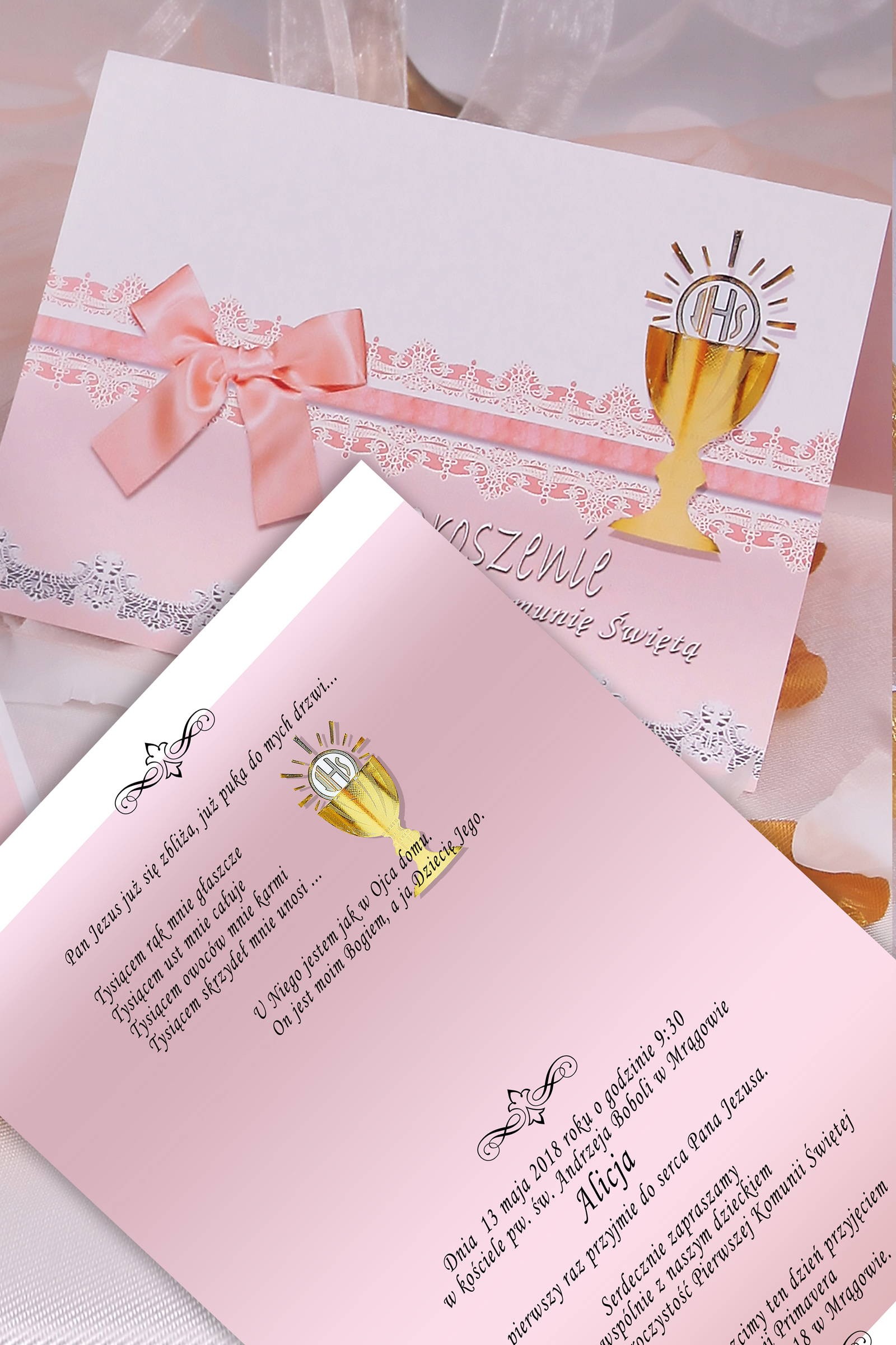 Personalisierte Kommunionseinladungen aus Bausätzen - Spitze rosa - obraz 0