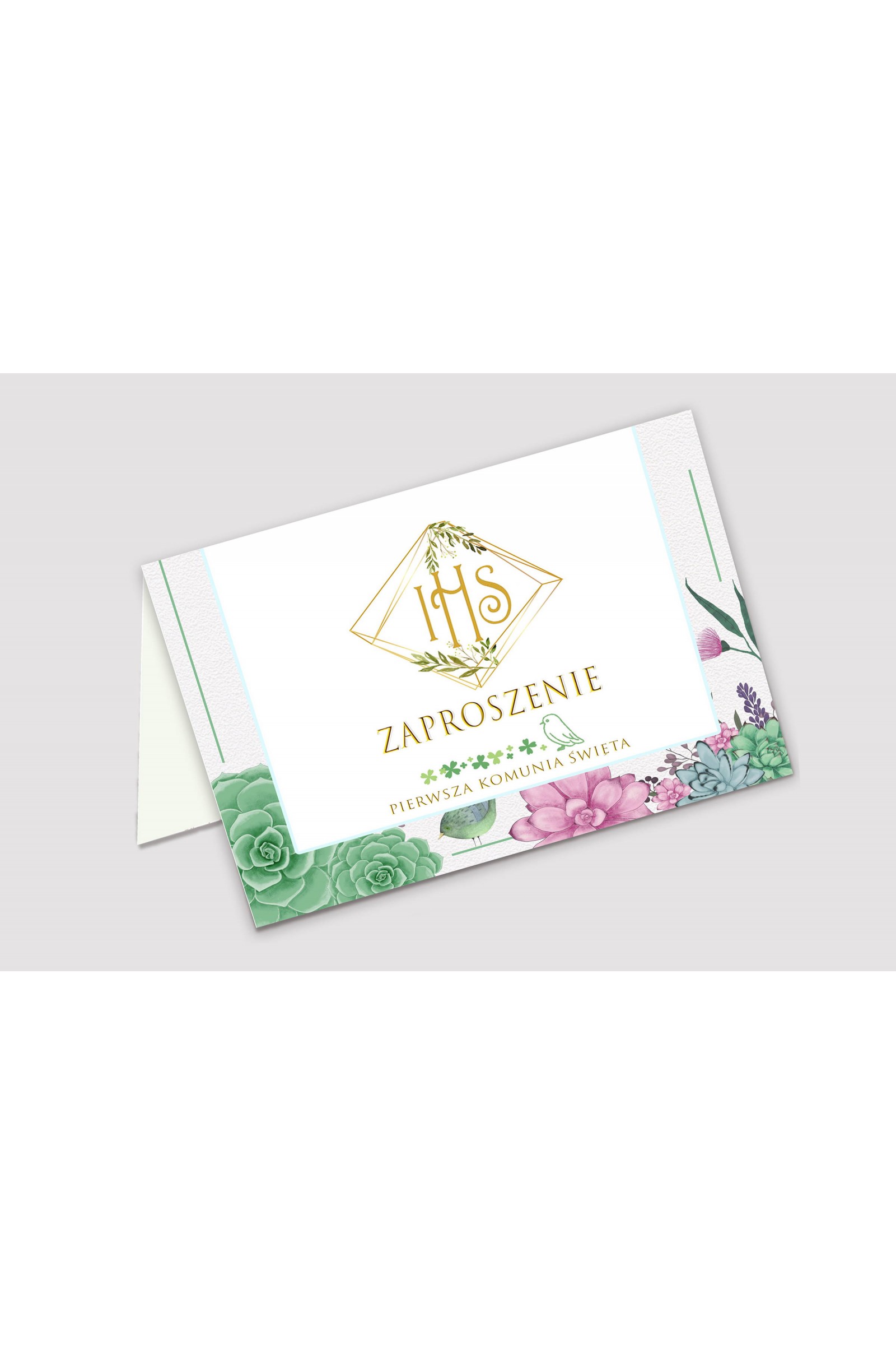 Personalisierte Kommunionseinladungen aus Bausätzen - Diamanten mit Eukalyptus - obraz 1