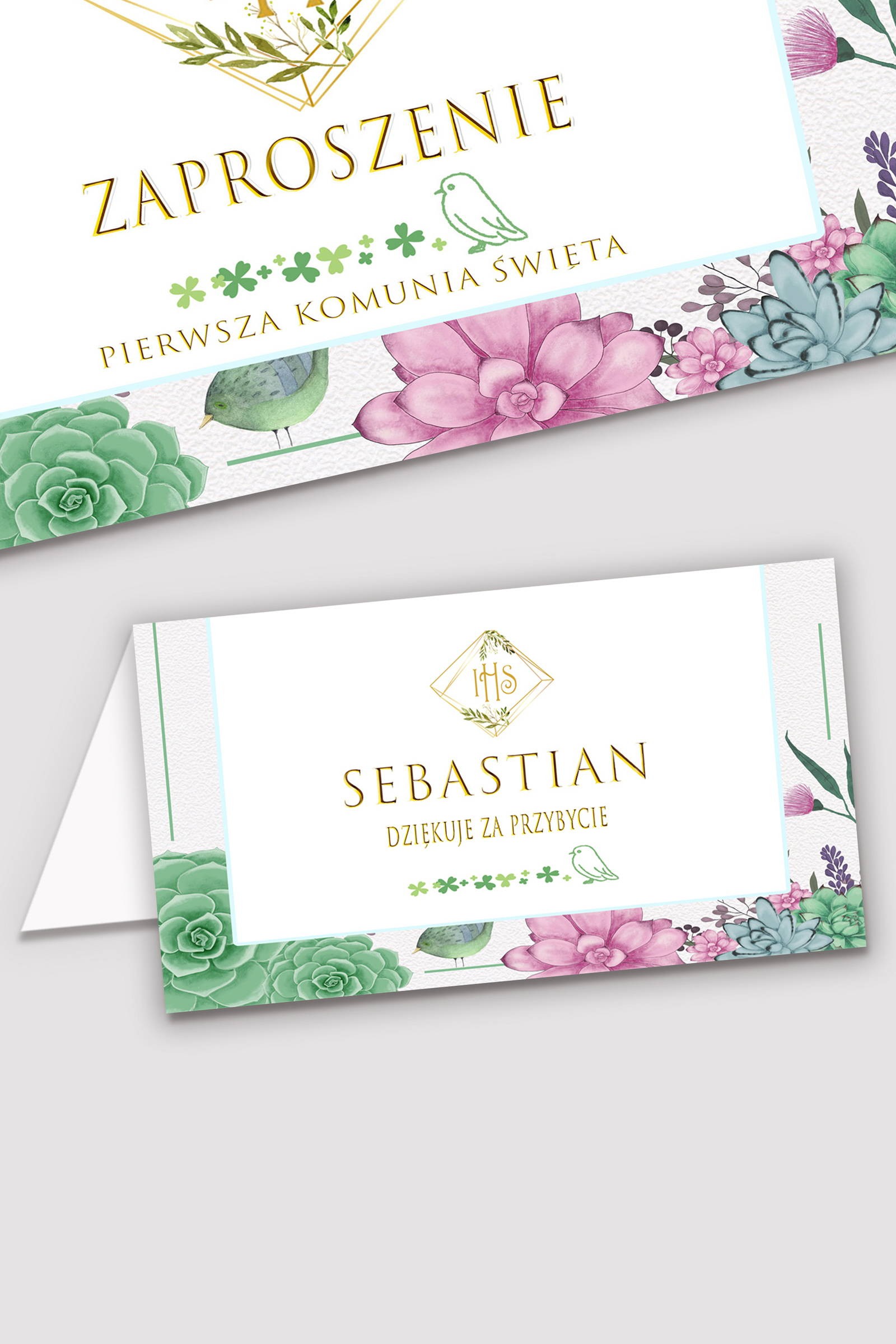 Personalisierte Kommunionsvignetten - Diamanten mit Eukalyptus - obraz 0