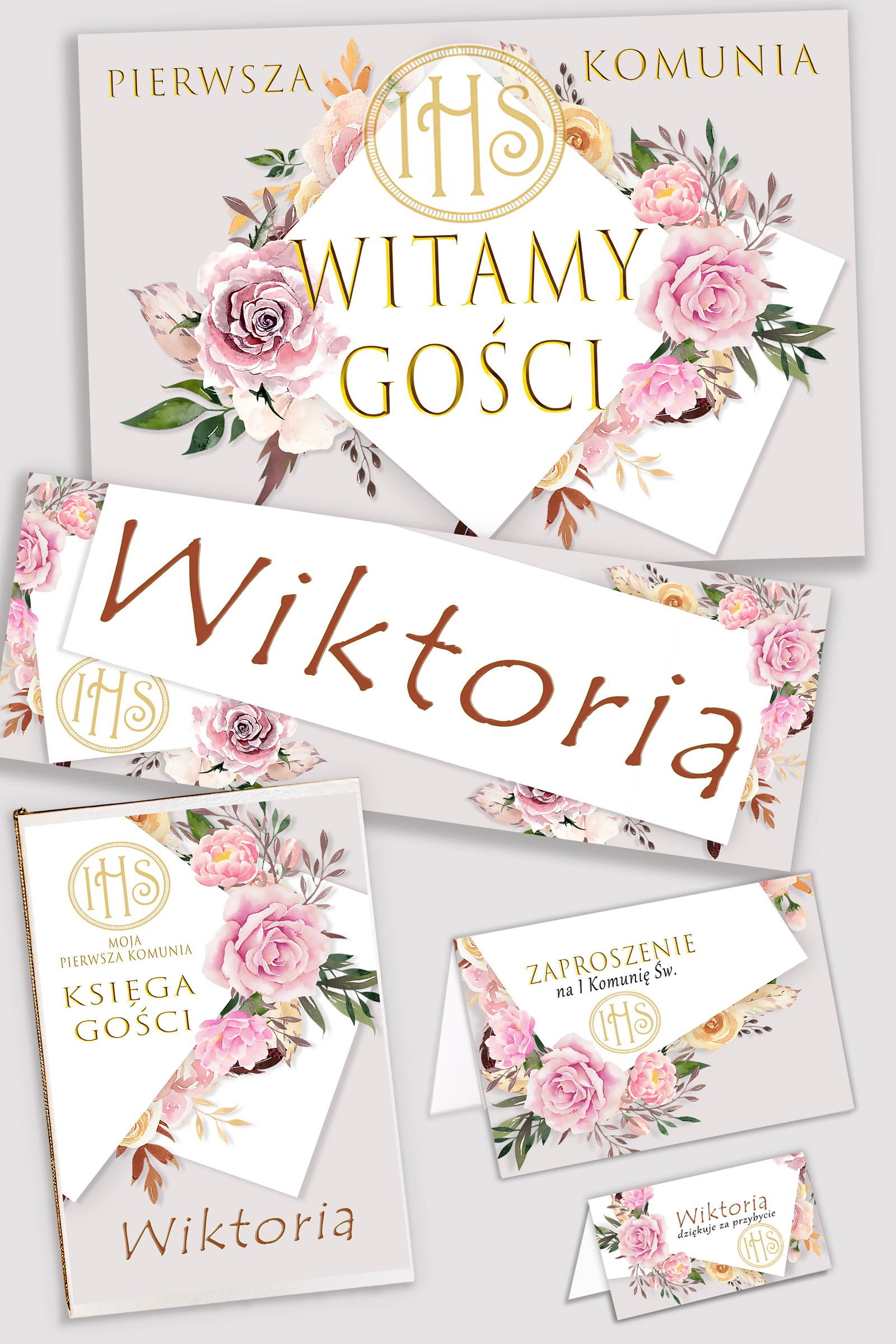 Personalisiertes dekoratives Kommunionsset - Pfingstrose und Rose Personalisiertes dekoratives Kommunionsset - Pfingstrose und Rose - obraz 0