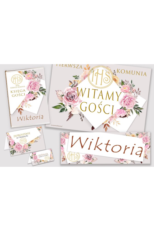 Personalisiertes dekoratives Kommunionsset - Pfingstrose und Rose Personalisiertes dekoratives Kommunionsset - Pfingstrose und Rose - obraz 1
