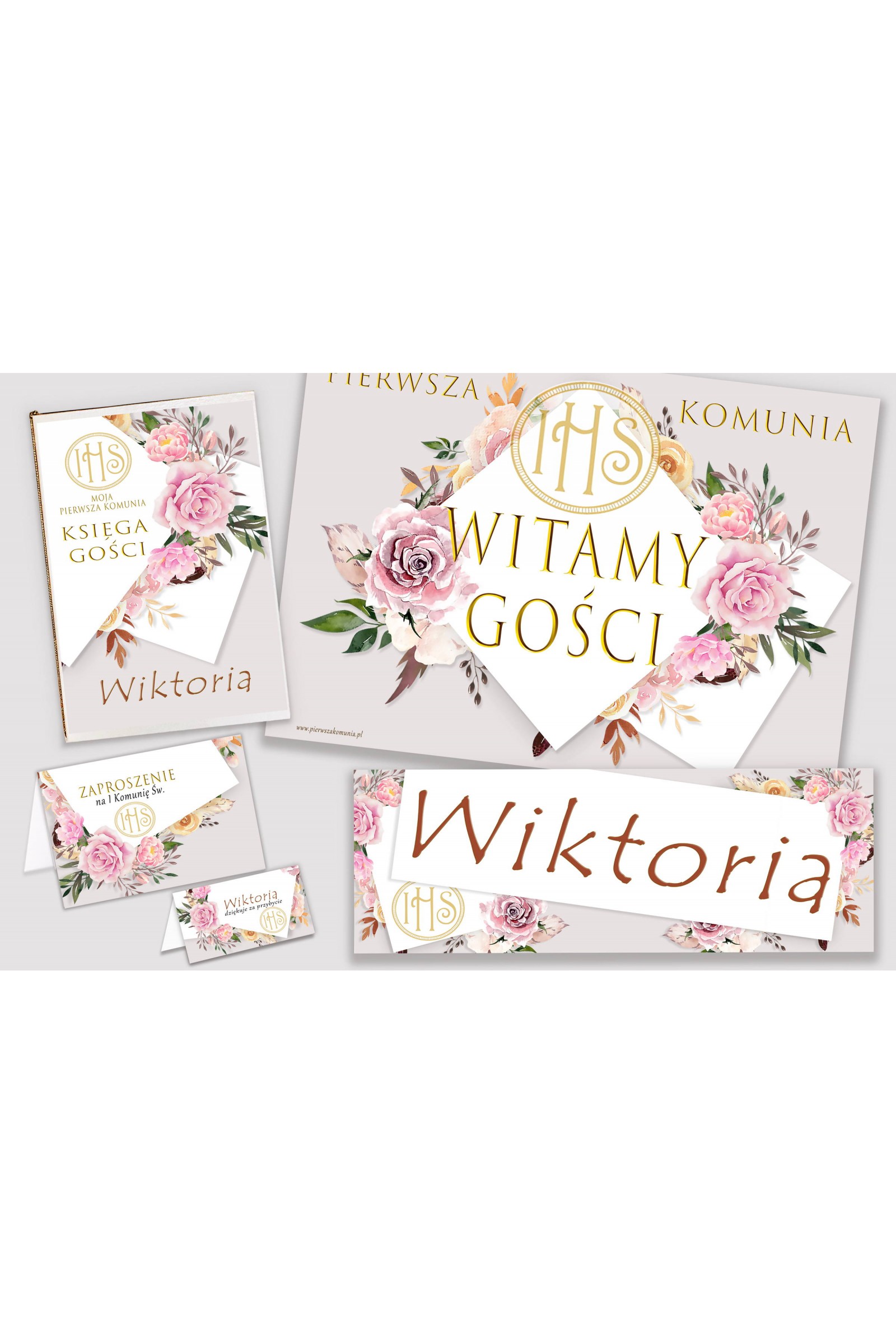 Personalisiertes dekoratives Kommunionsset - Pfingstrose und Rose Personalisiertes dekoratives Kommunionsset - Pfingstrose und Rose - obraz 1