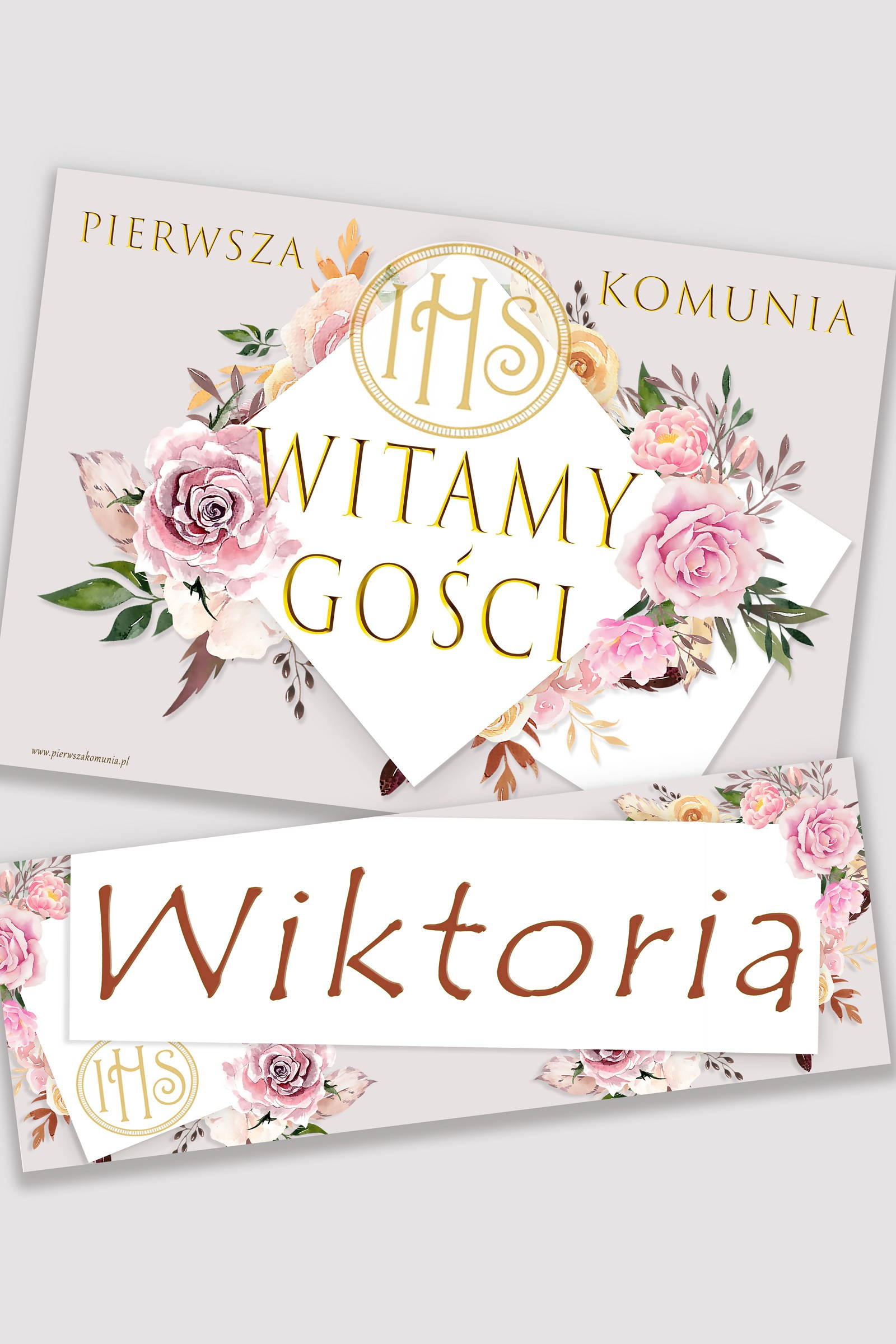 Personalisiertes Kommunionposter mit Namen - Pfingstrose und Rose - obraz 0