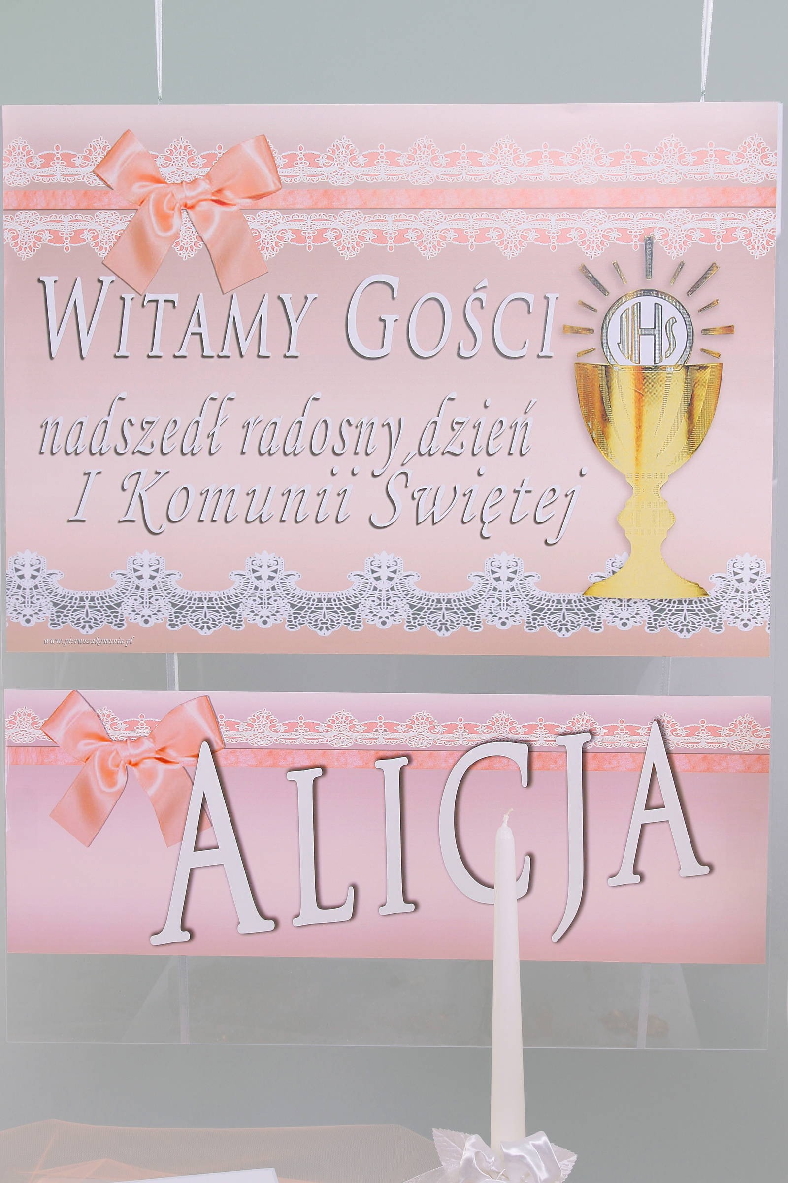 Personalisiertes Kommunionsposter mit Namen - Spitze rosa - obraz 0