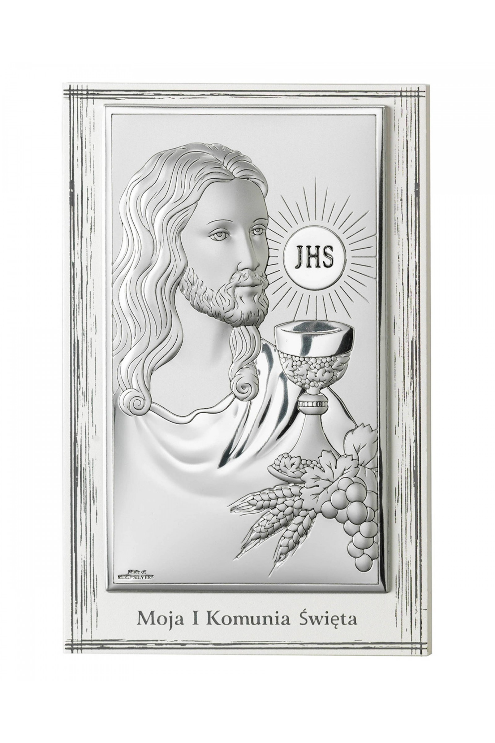 Bild zum Gedenken an die erste heilige Kommunion mit Jesus und der Hostie auf weißem Holz Bild zum Gedenken an die erste heilige Kommunion mit Jesus und der Hostie auf weißem Holz - obraz 0